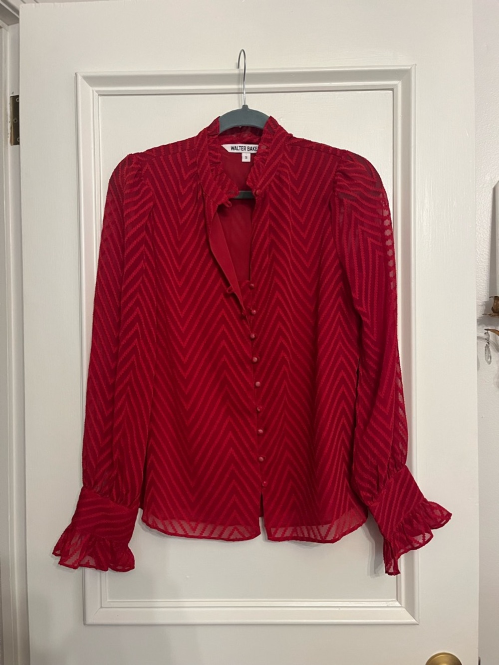 Walter Baker Crimson Chevron Button-Front Ruffle Blouse - Picture 1 of 6